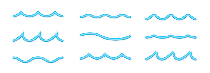 Sticker - water wave 3d icon set. sea, ocean, river line symbol. different blue waves. vector illustration.