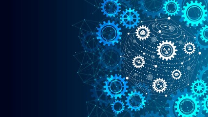Poster - Vector background frame for icons, digital communication symbols, social networks. Pattern mechanisms, gears. Texture points. Plexus mobile network lines. Sphere particles. Banner business, technology