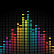Vivid multicolored sound wave geometric brick stereo diagram music equalizer amplifier spectrum black background template vector illustration. Bright party volume audio level soundtrack broadcast