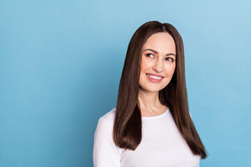 Sticker - Photo of nice mature brunette lady look promo wear white shirt isolated on blue color background