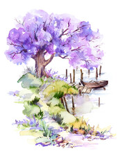 Landscape Path To The Old Boat Under Jacaranda Blooming Tree.Hand Drawn. Watercolor Illustration