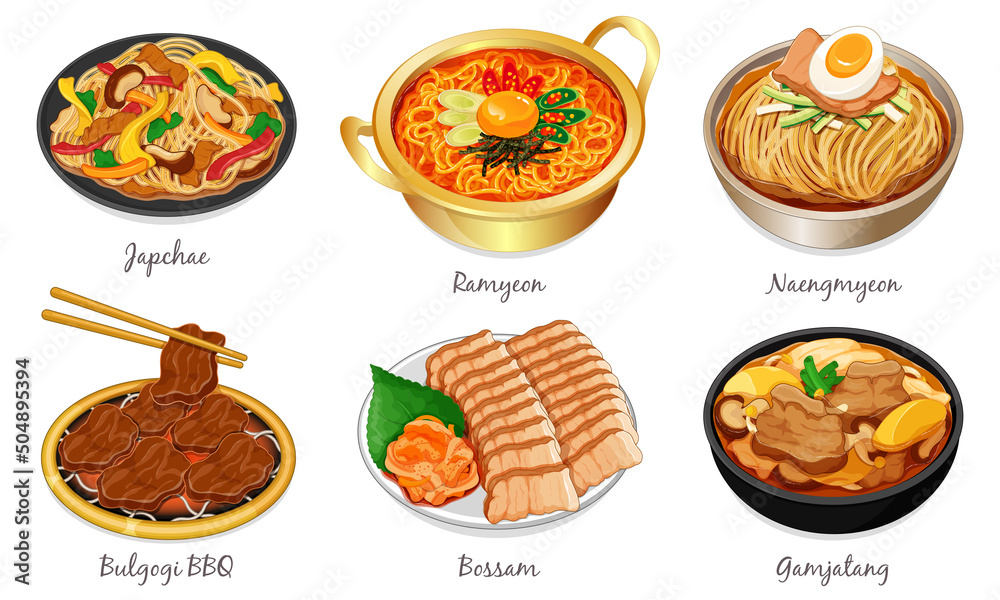 Korean food set menu isolated on white background illustration vector ...