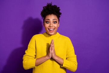 Poster - Portrait of excited cheerful girl hands palms pleading look camera isolated on purple color background