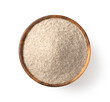 © Amy Lv - Raw rye flour in the wooden bowl, isolated on white background, top view.
