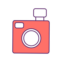 Poster - Photocamera semi flat color vector element. Full sized object on white. Optical instrument for hobby and work. Photograph simple cartoon style illustration for web graphic design and animation