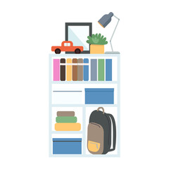 Poster - Bookshelves semi flat color vector element. Full sized object on white. Book stand. Child room interior detail simple cartoon style illustration for web graphic design and animation