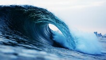 Sea Blue Waves Make A Round Circle Of Water.natural Ocean Waves Of Blue Water Or Mostly Sea Length Waves In Summertime. Tourist Closeup Click Of This Dangerous Sea Waves At Daytime.