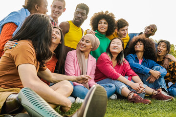 Diverse friends having fun outdoor during summer vacations - Focus on muslim girl face