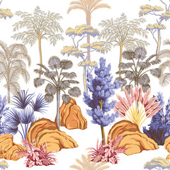 Poster - Tropical vintage landscape, rock, trees, palms, bush floral seamless pattern. Jungle botanical wallpaper.