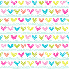 Wall Mural - Seamless pattern with hearts and line borders. Hand drawn vector background.