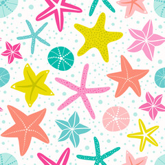 Wall Mural - Seamless vector pattern with sea stars in trendy color palette. Great for textile, wrapping paper, wallpaper, baby shower.