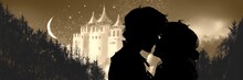 ロマンス映画風キスするカップルの白黒シルエットイラストと聳え立つ中世風のお城と森の背景