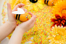 Summer In The Meadow. Child Plays With Bee Toy On Colorful Rice Filled With Artificial Blooming Flowers. Symbol Of Beekeeping, Pollination And Bee Collecting Pollen From Daisy. Sensory Therapy.