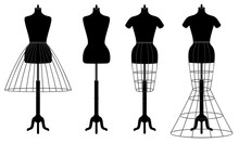 Vector Set Of Female Mannequins With Crinolines, Fashion Dress Forms In Black Color, Isolated, On White Background