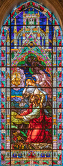 Fototapete - VALENCIA, SPAIN - FEBRUAR 17, 2022: The Prayer of Jesus in Gethsemane garden in neo-gothic stained glass of  church Basilica de San Vicente Ferrer by Talleres Maumejean Hermanos from 20. cent.