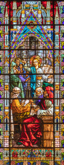 Wall Mural - VALENCIA, SPAIN - FEBRUAR 17, 2022: The Twelve old Jesus in the Temple in neo-gothic stained glass of  church Basilica de San Vicente Ferrer by Talleres Maumejean Hermanos from 20. cent.