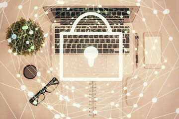 Aufkleber - Double exposure of lock hologram drawing over study table background with computer. Concept of data security. Top view.