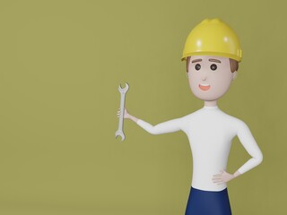 Cartoon character service man holding a wrench and showing hand at direction. Industrial worker man presenting on yellow background. 3d rendering image.