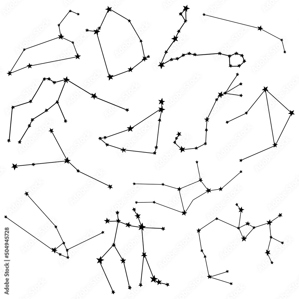 Constellatio Paper Raster Vector black set of constellation with stars. Hand painted abstract ...