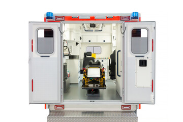 Rear view of the interior of an open ambulance isolated on a white background