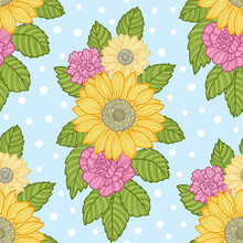 Seamless Pattern With Sunflower Flowers And Leaves On A Striped Background. Summer Theme. For Fabric Design, Wallpapers, Backgrounds, Wrapping Paper, Scrapbooking. Vector