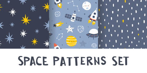 Wall Mural - cute scandinavian space pattern vector set. collection of cosmic baby seamless prints for textile an