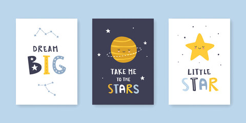Wall Mural - scandinavian space posters collection for nursery. baby bedtime astronomy prints collection with let