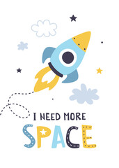 Wall Mural - rocket start poster with lettering. space adventure vector print for baby apparel and wall art.