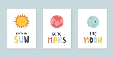 Wall Mural - kawaii planets with smiling faces poster collection. set of planetary prints with lettering for nurs