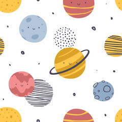 Wall Mural - Kawaii scandinavian pattern with smiling planets. Space vector seamless print for baby textile and fabric.