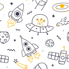 Wall Mural - outer space outline doodle pattern. cute cosmic vector seamless print for baby textile and bedding.