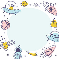 Wall Mural - doodle outline space frame design template for kids banner. childish border with cosmic doodles.