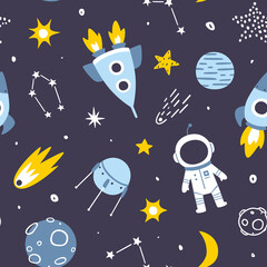 Wall Mural - outer space baby pattern. cosmic vector seamless print for nursery wallpaper and kids textile.