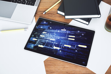 Fototapete - Top view of modern digital tablet screen with abstract creative programming illustration, big data and blockchain concept. 3D Rendering