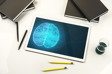 Aufkleber - Top view of modern digital tablet screen with creative human brain microcircuit. Future technology and AI concept. 3D Rendering