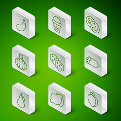 Wall Mural - Set line Plum fruit, Lemon, Eggplant, Cracker biscuit, Onion, Ice cream in waffle, Pear and Salami sausage icon. Vector