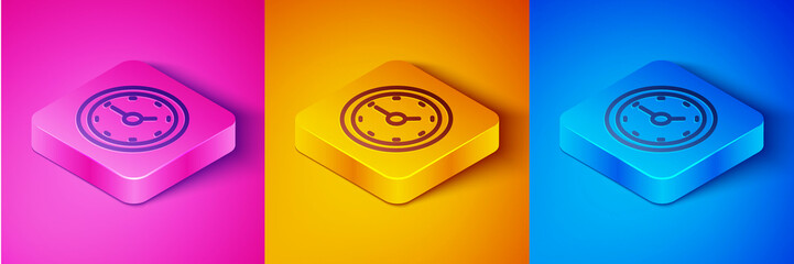 Poster - Isometric line Clock icon isolated on pink and orange, blue background. Time symbol. Square button. Vector