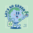 Vintage nostalgia cartoon earth globe holding tree seedling and recycle bag. Environment friendly or recycling concept illustration. Simple retro cartoon character for poster, banner, graphic print.