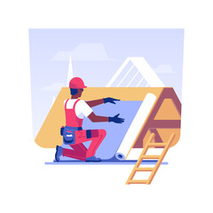 Poster - Installing roof underlayment isolated concept vector illustration. Handyman with roofing felt, roofing paper, private house building process, moisture barrier installation vector concept.