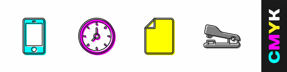 Poster - Set Mobile phone, Clock, File document and Stapler icon. Vector