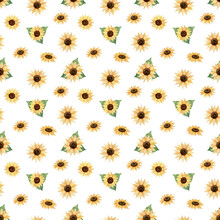 Botanical Seamless Pattern With Sunflowers. Ornament With Yellow Flowers On A White Background. Summer Beautiful Pattern, Good For Textile And Fabric, Print, Gift Wrapping Paper, Scrapbooking Design.