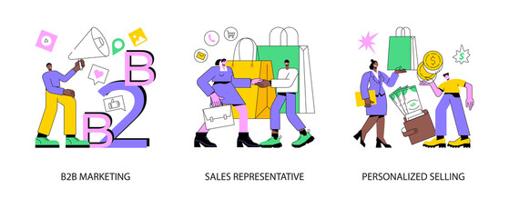 Poster - b2b marketing abstract concept vector illustration set. sales representative, personalized selling, 