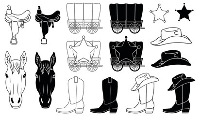 Wall Mural - Western Outline and Silhouette Clipart Bundle - Wagon, Horse, Saddle, Boots, Hat and Star