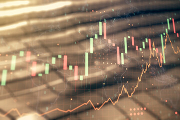 Poster - Multi exposure of virtual abstract financial graph hologram and world map on abstract metal background, financial and trading concept