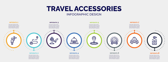 Poster - infographic for travel accessories concept. vector infographic template with icons and 8 option or steps. included tourist guide, journey, airport, hotel bell ringing, place point, car in front of