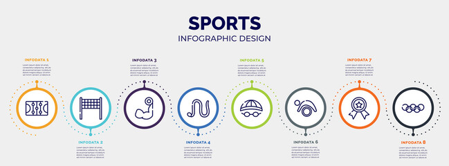 Poster - infographic for sports concept. vector infographic template with icons and 8 option or steps. included ice court, volleyball net, biceps curl, earthworm, swimming hat, pilates, first prize, rings