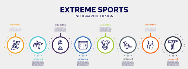 Poster - infographic for extreme sports concept. vector infographic template with icons and 8 option or steps. included wakeboarding, rhythmic gymnastics, football trophy, starting point, chest guard,