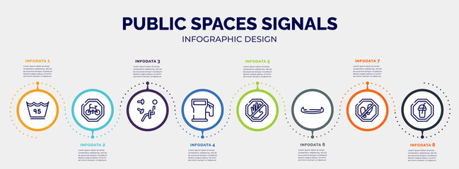 Poster - infographic for public spaces signals concept. vector infographic template with icons and 8 option or steps. included 95 degrees, cycle lane, air outlet, fuel filling, no push, native american