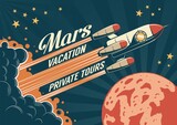 Fototapeta Kosmos - Rocketship takes off - retro poster. Rocket launches to Mars - vintage poster. Vector illustration.