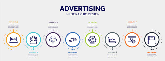 Wall Mural - infographic for advertising concept. vector infographic template with icons and 8 option or steps. included laptop computer, power, creative plan, product promotion, ad blocker, area chart, web